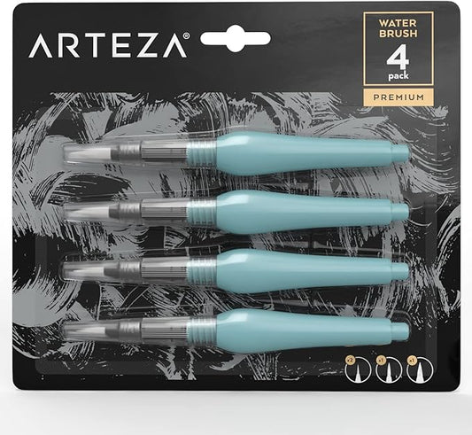 ARTEZA Water Brush Pen, Set of 4, Assorted Soft Nylon Bristle Tips, Self-Moistening Water Brush, Refillable Water Pen