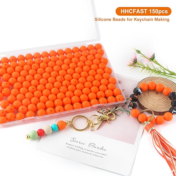 150Pcs 15mm Silicone Beads for Keychain Making Bracelet Necklace, Bulk Round Silicone Beads for Pens(Orange)