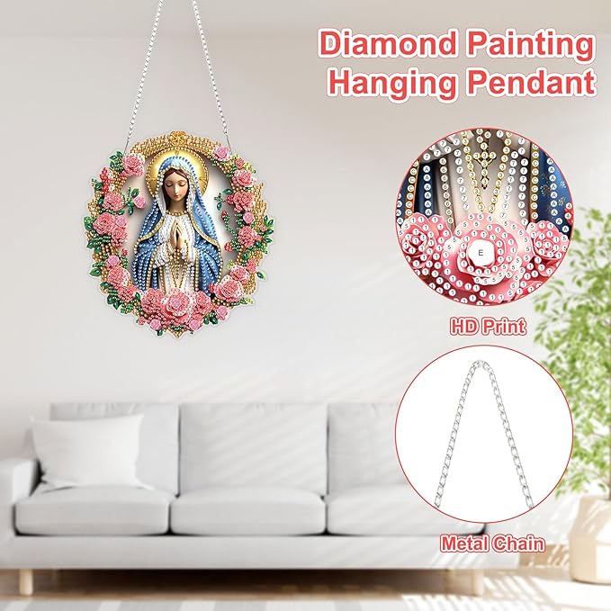 TOSTOG Diamond Art Hanging Kits for Adults, Virgin Mary Diamond Painting for Adults Window Pendant, Flower Special Shape Diamonds Diamond Painting Hanging Pendant Kit for Wall Home Decor Gift