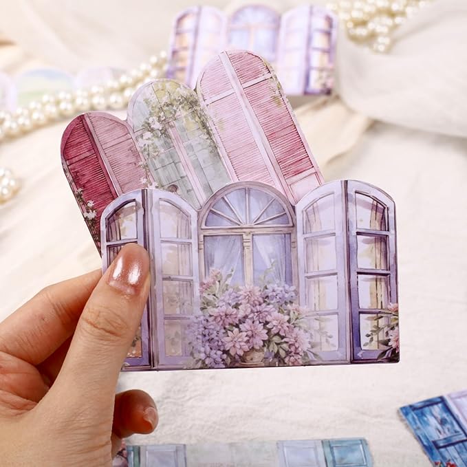 60 PCS Vintage Paper Window Scrapbook Stickers, Aesthetic Decorative Sticker for Scrapbooking Supplies Junk Journal Card Making Handmade DIY Paper Craft Decoration, Journaling Collage Kit Pop-up