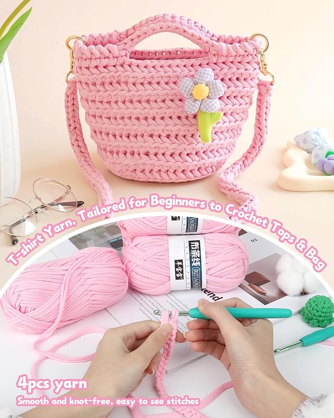 Katech T-Shirt Yarn in Pink for Crocheting, 4x100g/130yds Elastic Fabric Kit for Knitting & Hand DIY Projects, Home Decor