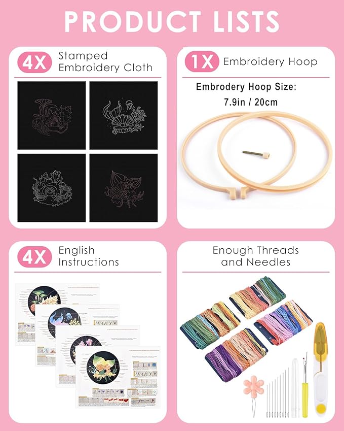 TINDTOP 4 Pack Embroidery Kit for Adult Beginners, Embroidery DIY Starter Kit, with Ocean Shell Stamped Patterns, Hoop, Tools, Colorful Threads with Needles, Instructions