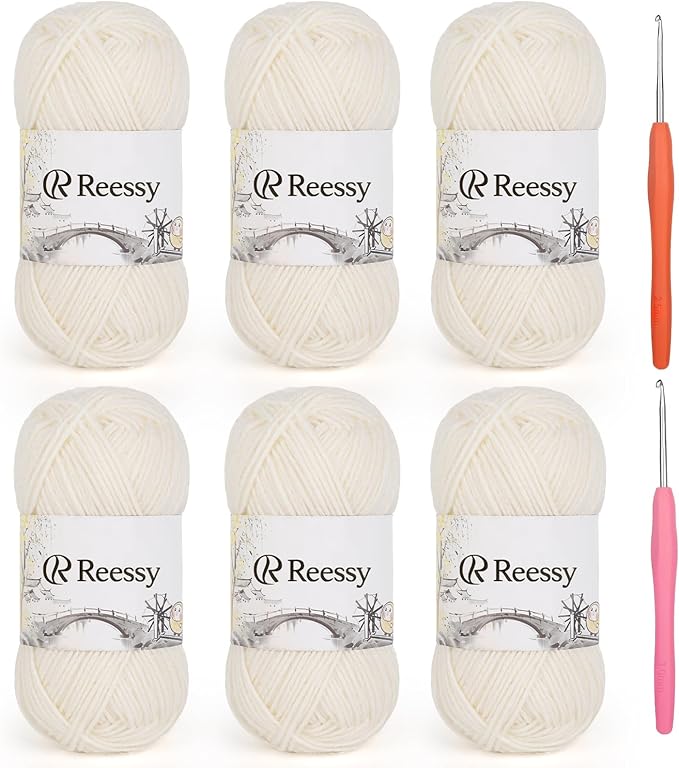 Cotton Yarn for Crocheting - 6 Pack of 50g/1.76oz–78% Cotton, 22% Acrylic – Soft Sport Weight Crochet Yarn (CYC #2), Brushed Air Yarn for Baby Project, Granny Squares & Plush Toys（Ivory White）