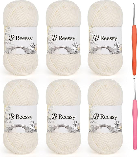 Cotton Yarn for Crocheting - 6 Pack of 50g/1.76oz–78% Cotton, 22% Acrylic – Soft Sport Weight Crochet Yarn (CYC #2), Brushed Air Yarn for Baby Project, Granny Squares & Plush Toys（Ivory White）