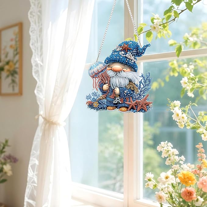Lxmsja DIY Adorable Gnome Diamond Painting Hanging Ornament, Double-Sided Acrylic Jellyfish Diamond Art Kit, Special Shaped Suncatcher Hanging Pendant Window Art Kit 8x7 inch
