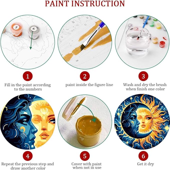 Framed Paint by Numbers Kit for Adults Beginners & Kids Ages 8-12, Sun and Moon Acrylic Easy Paint by Number with Frame, Watercolor Painting by Number Kits on Canvas Framed (8 * 8 Inch, without Easel)