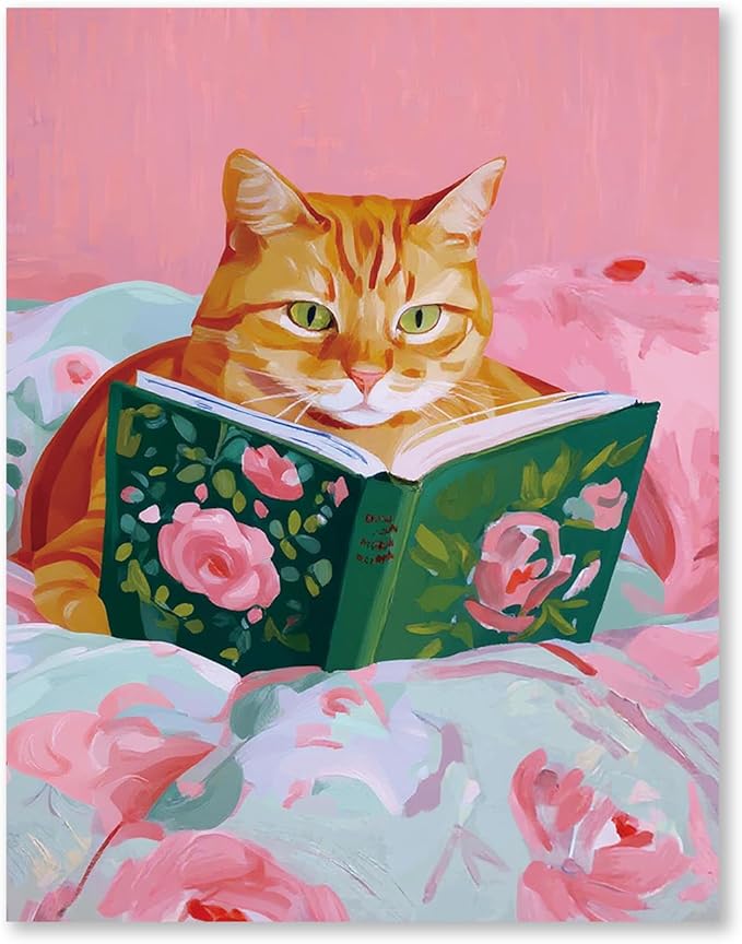 RLTXBUK Cat Cross Stitch Kits, Orange Cat Reading Book Stamped Counted Cross Stitch Kits for Adults, Book Lovers Reader Gifts for Women, Gifts for Pet Lovers, 11.8x15.8 Inch