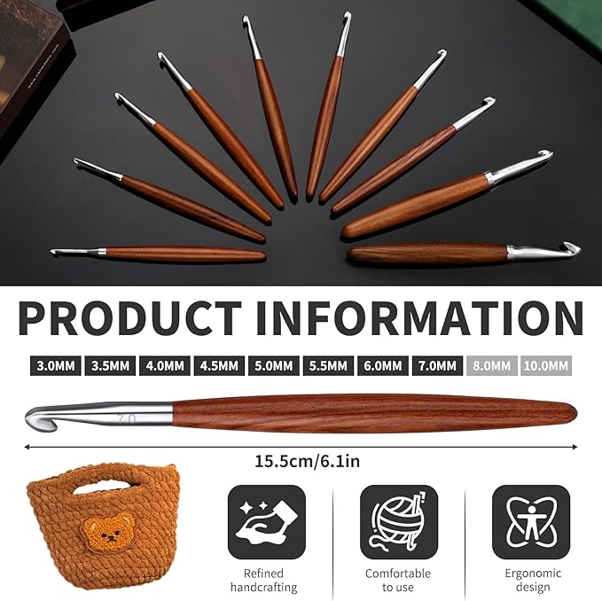 Lunarm 8 Pack Crochet Hooks Set, Ergonomic Aluminum Crochet Hooks with Wood Handle for Arthritic Hands DIY Craft Knitting Dolls, Bouquets, Blankets, Hats, Gloves from Various Yarns - Size 3mm-7mm