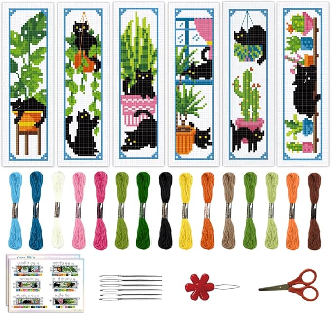ACRNIGHEET 6PCS Cross Stitch Bookmark Kits Cute Cat and Plants Pattern Stamped Cross Stitch Kits for Beginners Adults DIY Stamped Embroidery Bookmarks with Instructions Hand Embroidery Craft Gift 11CT