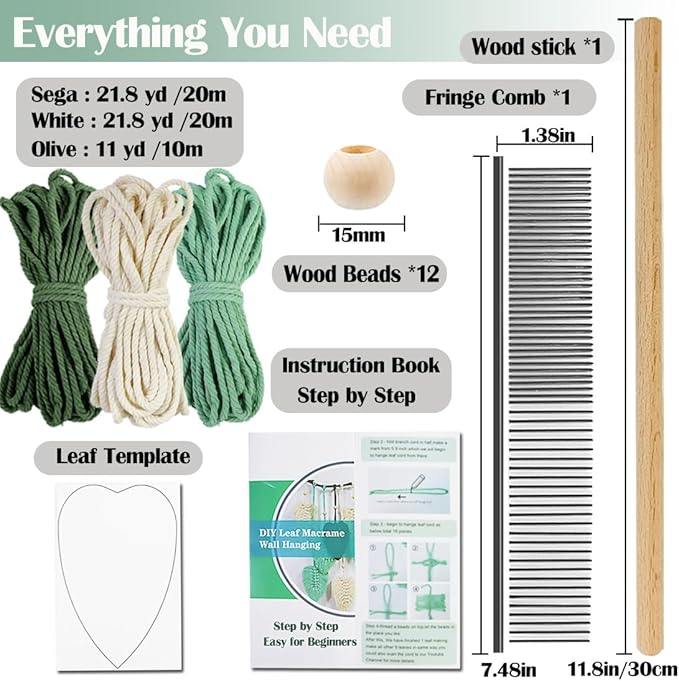 Ewparts Macrame Leaf Wall Hanging Kit – 3mm Cord with Fringe Comb, Threader & Leaf Template,Include Step-by-Step Instructions, Complete DIY Wall Decor Set for Beginners, Boho Craft Kit for Adults