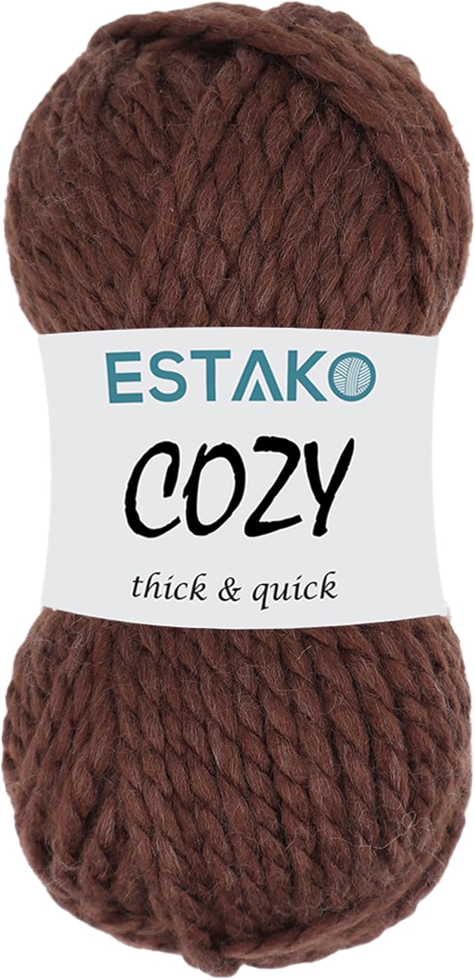 Estako Cozy Thick & Quick Yarn 20% Wool 80% Acrylic Soft Super Bulky Weight #6 Knitting and Crocheting Yarn 3.52 oz (100gr) 65 yds (60 m) (57037-Brown)