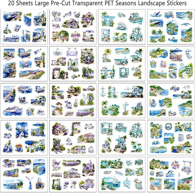 Transparent PET Summer Landscape Sticker Book for Journaling, 20 Sheets Large Pre-Cut Scenery Stickers for Scrapbooking Supplies, Collage Decorative, 9.25 x 6.58 inches