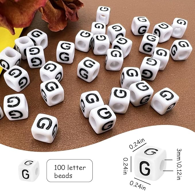 MIIIM 100pcs Pony Beads Letter G for Keychains Making, 6x6mm Large Hole Square Letter Beads for Bracelets Making, Alphabets, Numbers (White and Black)