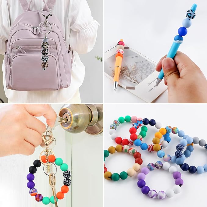 150Pcs Mixed Color 15mm Silicone Beads for Keychain Making, White Black Grid Print Silicone Beads for Pens and Bracelet Jewelry Making