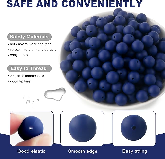 150Pcs 15mm Silicone Beads for Keychain Making Bracelet Necklace, Bulk Round Silicone Beads for Pens(Navy Blue)