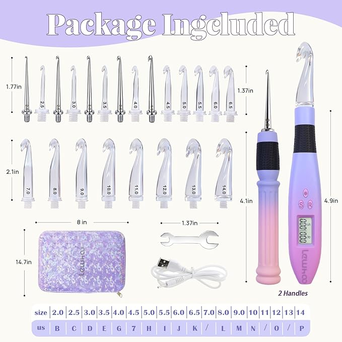 Lewhoo Light up Crochet Hook, 22 in 1 Lighted Crochet Needle Easy to See Stitch with Screw Knob, Ergonomic Gradiant Crochet Hook Set Glow in Dark, Metal and Plastic Hooks Purple 2.0-14.0mm