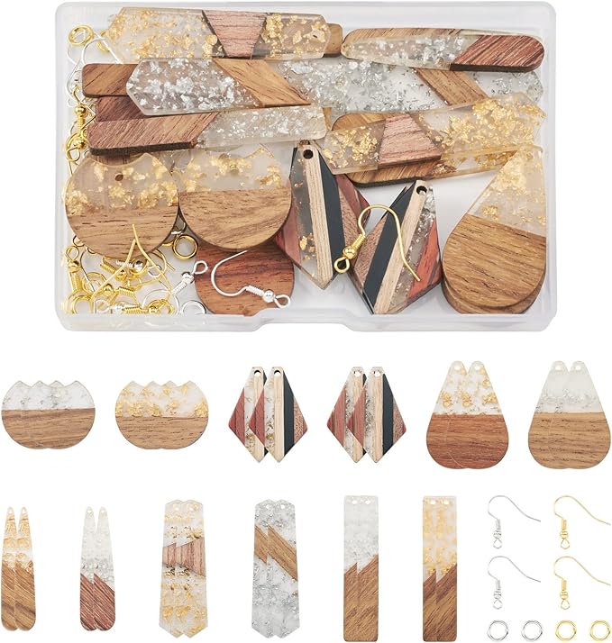 Beadthoven 88pcs Glittery Resin Wood Pendants Earrings Making Kit Gold Foil Wooden Earring Blanks Teardrop Rectangle Geometry Wood Earring Charms for Jewelry Making with Earring Hooks Jump Rings