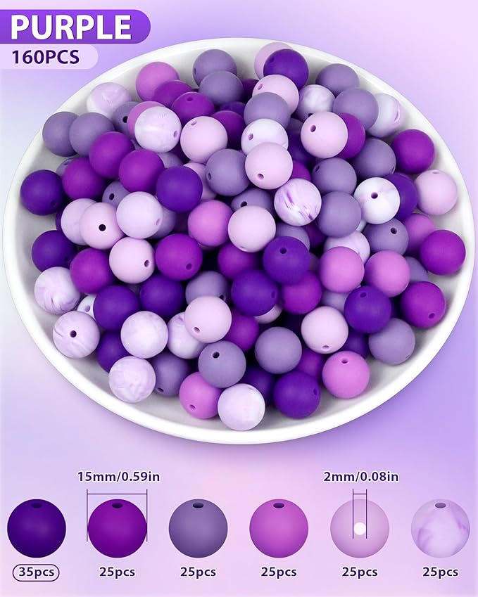 160pcs fiveizero 15mm silicone beads for keychain making - mixed color round rubber beads bulk, diy craft supplies for bracelets necklaces pens(purple)