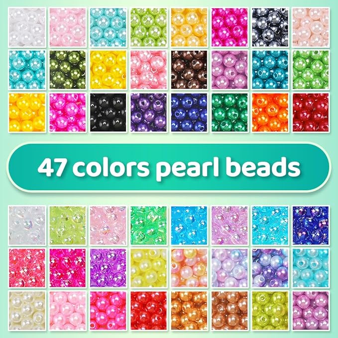 2400pcs Pearl Beads, 47 Colors Round Beads for Bracelets, Multicolor Bracelet Making Kit, for Jewelry Making with Elastic String, DIY Crafts Set (6mm)