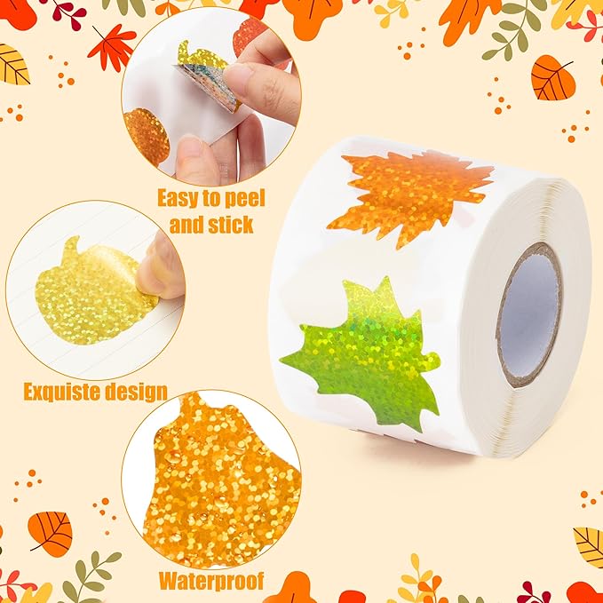 beyumi falll pumpkin leaves sticker - 1000pcs fall laser pumpkin maple leaves stickers in 2 rolls holographic sparkly glitter autumn thanksgiving adhesive decal gift party envelope decor for kids