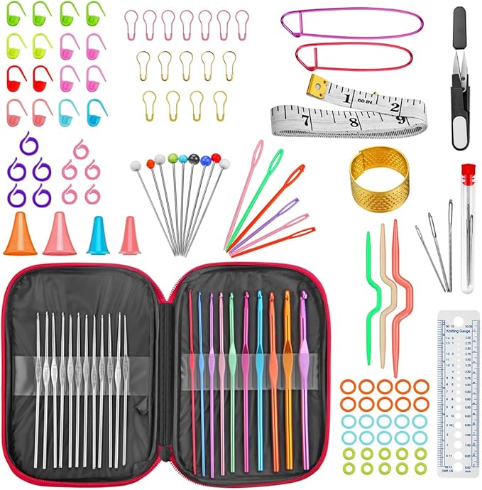 URWOOW 100 Pcs Crochet Hook Set with Yarn Knitting Needles Sewing Tools Full Set Knit Gauge Scissors Stitch Holders Household Tool Kit