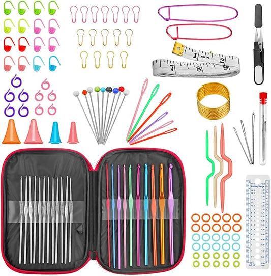 URWOOW 100 Pcs Crochet Hook Set with Yarn Knitting Needles Sewing Tools Full Set Knit Gauge Scissors Stitch Holders Household Tool Kit