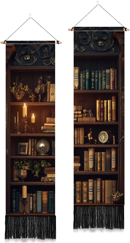 PLIGREAT 2 Pack Vintage Bookshelf Tapestry with Tassel Classic Library Wall Tapestry Vertical Wall Hanging for College Dorm Bedroom Living Room Long Narrow Home Hanging Decor, 46" x 13"