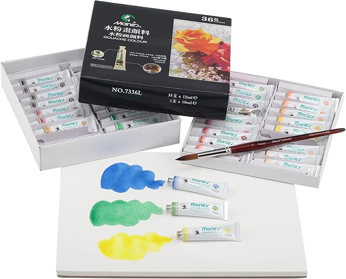 Marie's Artist Gouache Paint Sets - Highly Pigmented Gouache for Painting, Artists, Illustrators & Designers - Set of 36 Assorted Color Tubes (12mL/0.4oz)