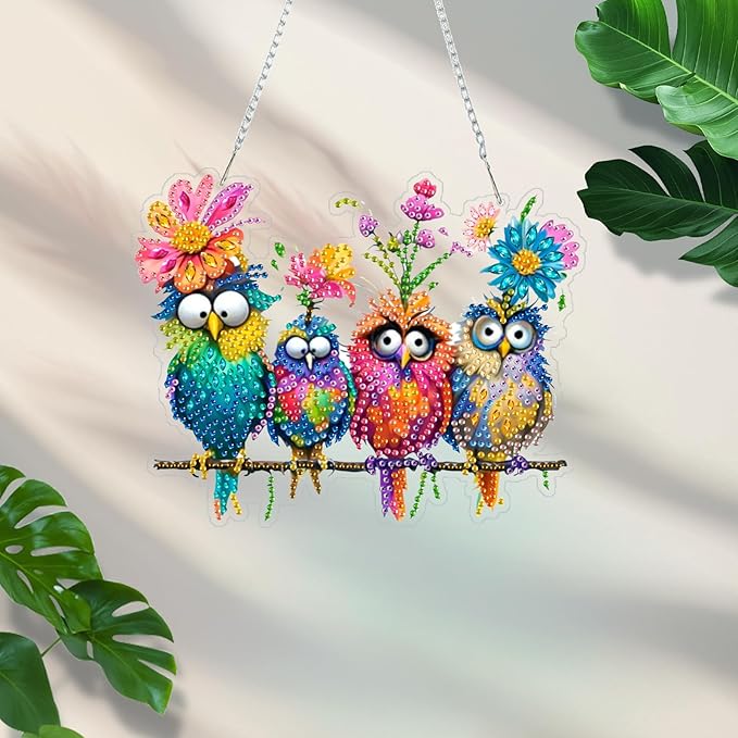 pudinbs Diamond Art Kit for Adult, 5D Diamond Art Painting Window Pendants Home Garden Wall Hanging Kits Hanging Ornament, DIY Acrylic Double Sided Ornaments (Bird)