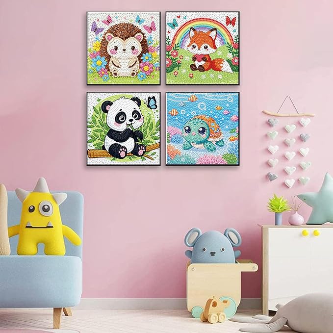 Dlylust Diamond Painting Kits for Kids Beginner - 4 Pack DIY 5D Full Drill Diamond Art Kits for Children, Cute Animals Round Crystal Rhinestone Gem Art Crafts Home Wall Art Decor 5.9 x 5.9 Inches