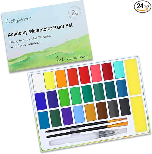 24 Colors Large Block Watercolor Paint Set for Watercolors Workbook, Portable Water Colors Paint Kit with 2 Paintbrushes 1 Waterbrush, for Adult Painting Beginners & Professional Amateur Hobbyists (Classic 24 Colors)