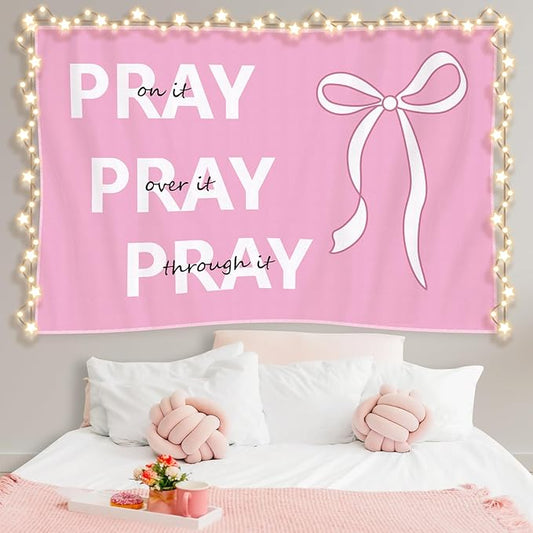 HunnmingRe Pink Tapestry Coquette Aesthetic Bedroom Hanging Wall Art Preppy Tapestry Decor Kit Cute Room Decoration for Women Girls Room Dorm Apartment(Pink Christian,60" X 40")