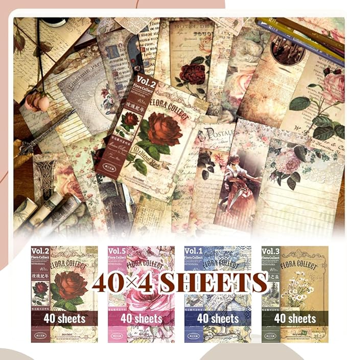 160Pcs vintage scrapbook supplies Set,4 styles of design Mixed Special Paper for Letter Writing,Double-sided scrapbook paper, DIY Junk Journal supplies, decoupage paper,card making supplies
