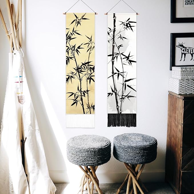 PLIGREAT 2 Pack Bamboo Leaf Tapestry with Tassels, Ancient Bamboo Wall Hanging Home Decor Chinese Art Vertical Wall Tapestry for Bedroom Living Room Long Narrow Home Hanging Decor, 46" x 13"