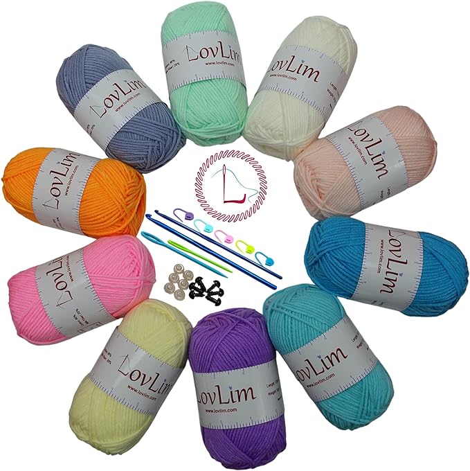 Crochet Yarn, 10x50g Soft Cotton Yarn Skeins, 1200+ Yards, for Crochet and Knitting, Free Crochet/Amigurumi Patterns, Craft DK Yarn Perfect Starter Kit (Pastel)