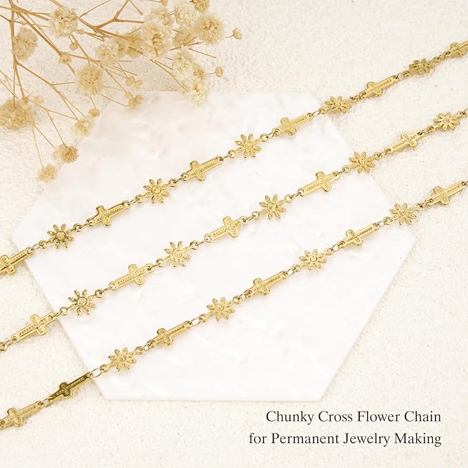 GTVOODX 18k Gold PVD Bulk Chains for Jewelry Making 13 Feet Stainless Steel Cross Flower Link Chain Waterproof Hypoallergenic DIY Permanent Jewelry Making Supplies