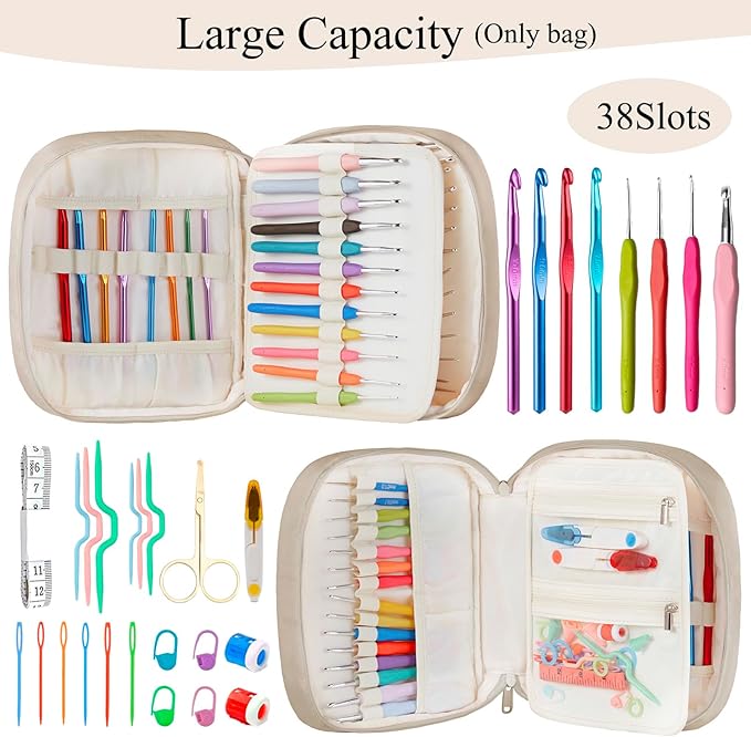 Crochet Hook Case, Lightweight Crochet Hook Organizer with Clear Zipper Pockets, Crochet Hook Holder for Knitting Needle Storage, Gift for Women and Crochet Enthusiasts (Light Brown)