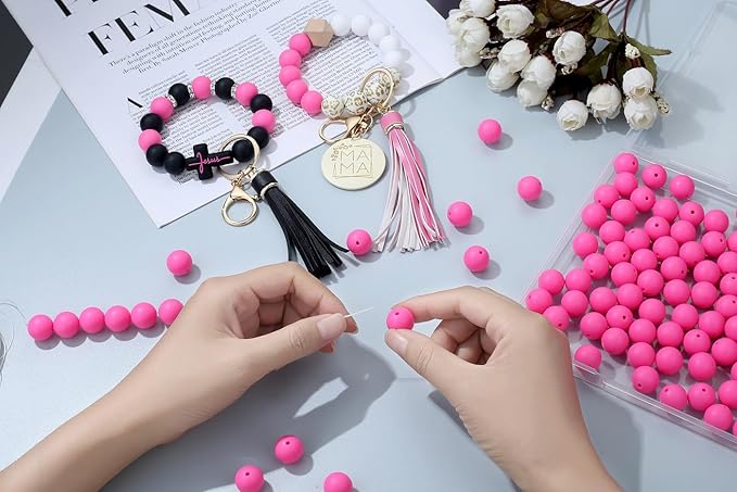 MAIBAOTA 120 Pcs Hot Pink Silicone Beads - 15 mm Round Beads for Keychain, Pens, Bracelet, Necklace Making - Bulk Pack with Boxed Kits