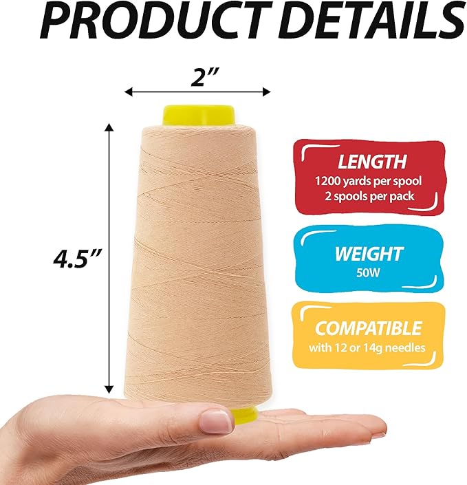 Mandala Crafts Tan Thread Cones for Machine and Hand Quilting - 2400 Yds 50 WT Multiple Purpose Mercerized 100% Cotton Threads for Sewing Machine Serger Embroidery