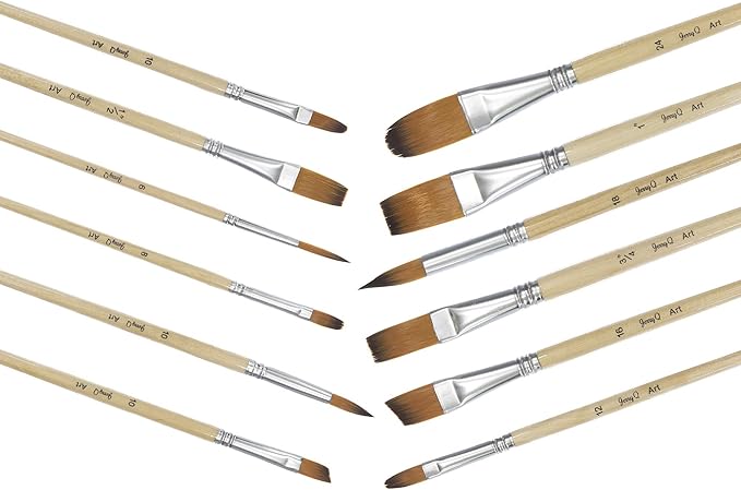 24 Pcs Artist Paint Brush Set with Free Carry Pouch for Watercolor, Acrylic, Oil and All Media, Suitable for Canvas, Paper, Ceramic, Golden Nylon Hair, Wood Handles JQ-B24
