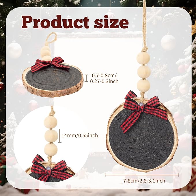 Sawysine 36 Pcs Wooden Christmas Ornament 2.8 to 3.2 Inch Craft Wooden Kit Natural Wood Slices with Round Natural Wood Beads and Buffalo Plaid Bow for Arts and Crafts Christmas Ornaments(Black)