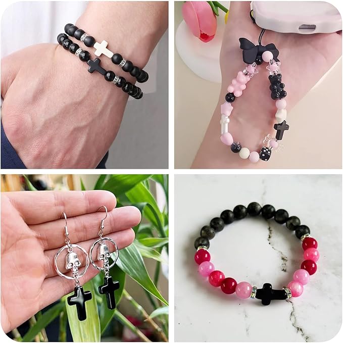 FASHEWELRY 100Pcs Black White Acrylic Cross Beads - Cute Mini Crucifix Loose Rosary Spacer for Easter, DIY Bracelet, Necklace, Jewelry Making, Earring