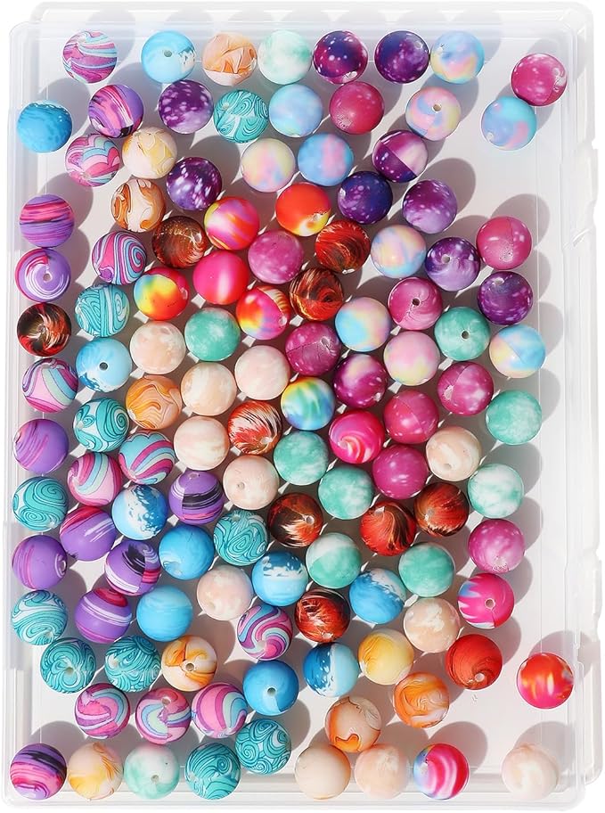 120pcs Richbunnys 15mm Bulk Silicone Beads for Pens and Keychain Making,Large Bead for Necklace and Bracelets Making,Assorted Rubber Beads Set for Crafts(LacquerFlow)