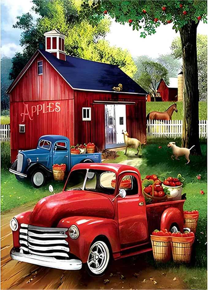 SENQAO Red Truck Diamond Painting Kits for Adults - Full Drill Diamond Dots Paintings for Beginners, Round 5D Paint with Diamonds Pictures Gem Art Painting Kits DIY Adult Crafts Kits 12x16inch