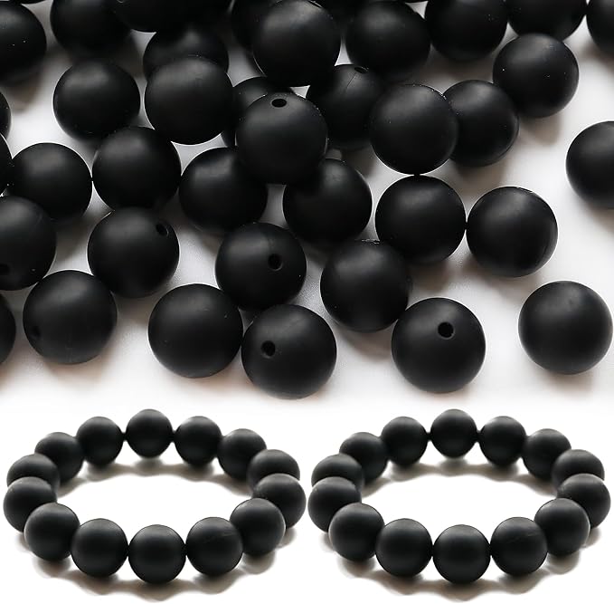 120pcs 15mm Bulk Silicone Beads for Pens, Keychains, Necklaces and Bracelets Making,Assorted Rubber Beads Set (Black)