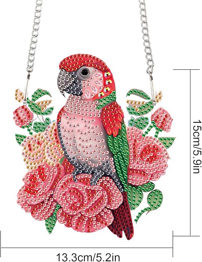 Animal Parrot Diamond Art Painting Kit Ornament with Hanging Chain Flower DIY Diamond Art Acrylic Crystal Hanging Pendant Paint by Number Stained Glass Wall Art for Adults Home Wall Decor Gift