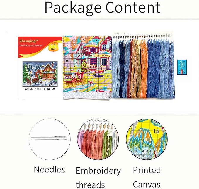 Zhenqing Christmas Snow Night Printed Cross Stitch Kit - 11CT 38x48cm with Threads, Needle & Pattern, No Hoop Needed for Beginners (65830)