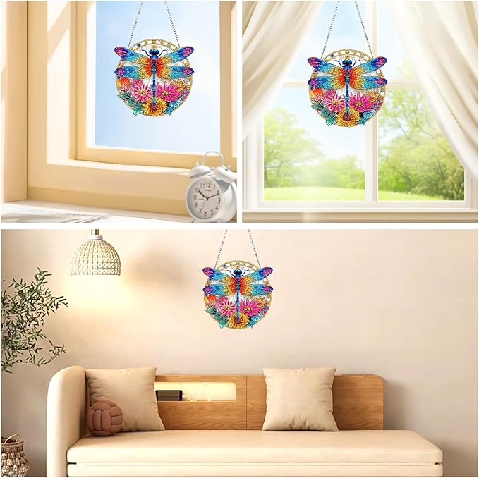 AIRDEA Hanging Diamond Painting Kits Dragonfly,Special Shaped Diamond Art Kits for Beginner Flowers Gem Art Pendant Decor,7.87x7.59in