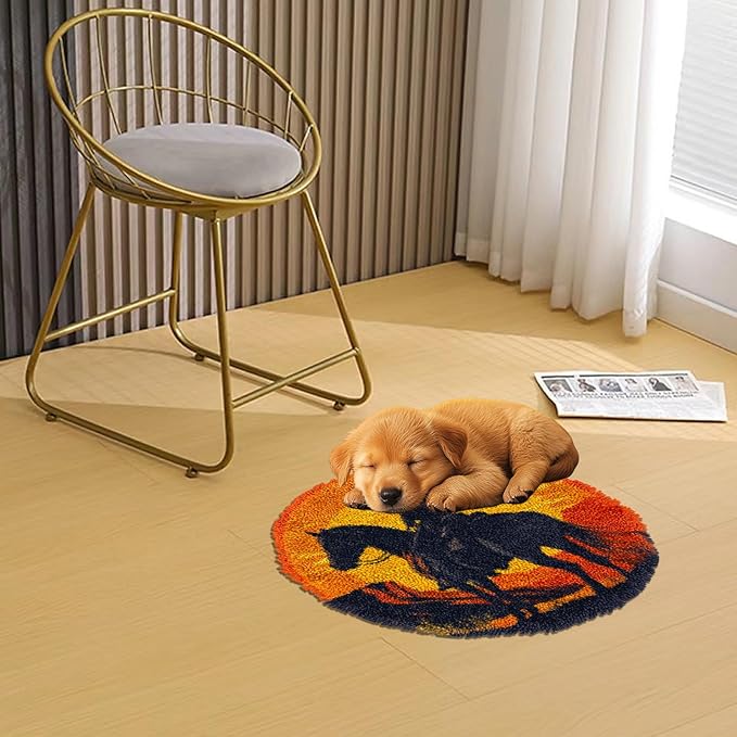 Latch Hook Rug Kit Western Cowboy on Horse Stamped Handmade Round Shape Carpet Crochet Yarn Craft DIY Hook and Latch Door Mat Tapestry for Christmas Home Floor Decor 50x50cm(1)
