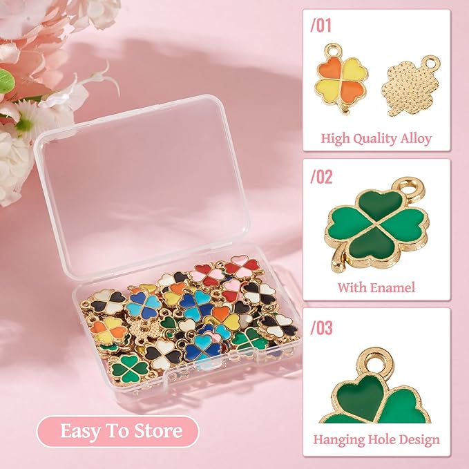 Cheriswelry 50Pcs Clover Charms Enamel Alloy Gold Plated Pendants Shamrock Four Leaf Lucky Pendants 18x12x1.3mm for St. Patrick's Day Decoration Necklace Bracelet Earring DIY Jewelry Making